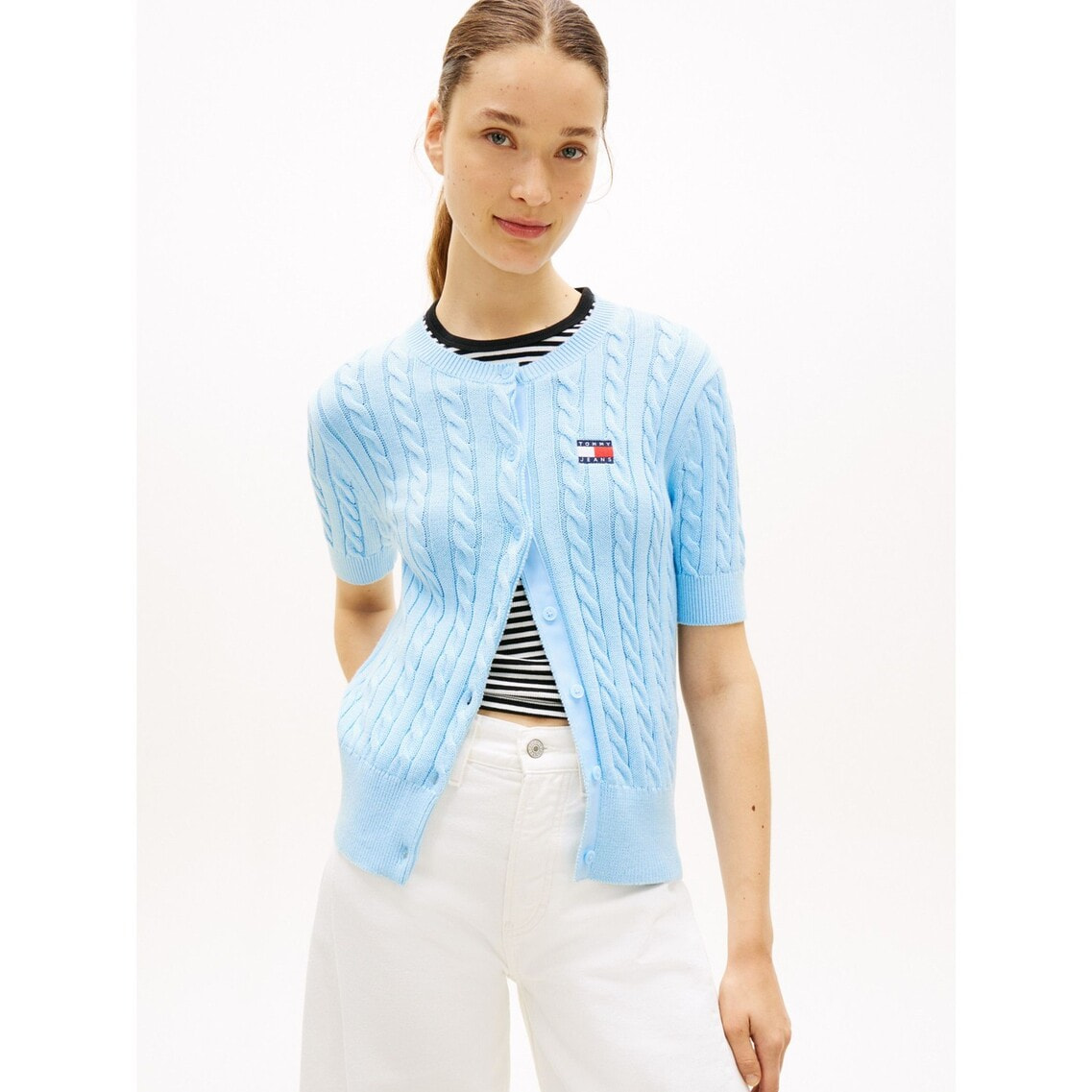 美品⭐️ トミーヒルフィガー  JEANS ニット パーカー 水色 S サマーケーブルカーディガン | トミー ジーンズ | トミー ヒルフィガー