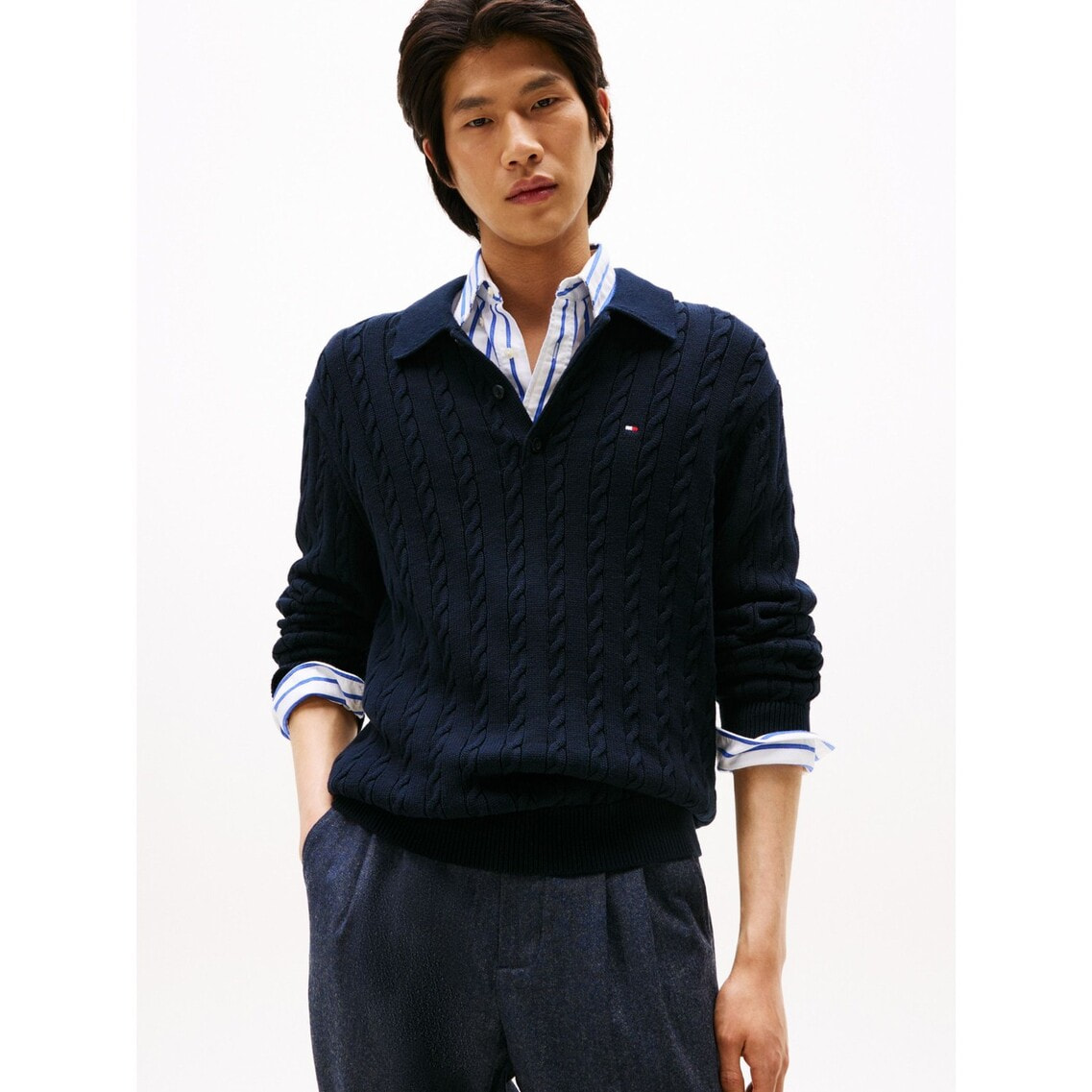Button Down Knit Polo Mサイズ Jung Hae In着用】コットンケーブルロングスリーブポロセーター