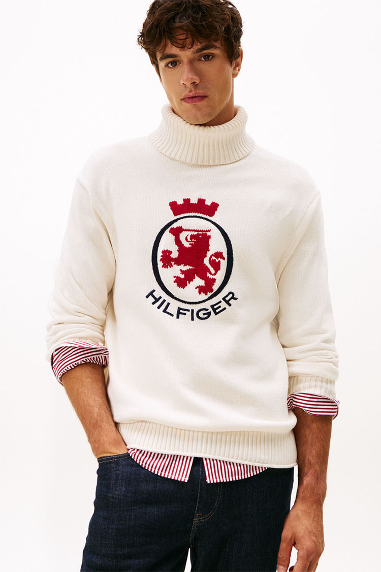 【トミーヒルフィガー】人気シャギーニット×ロゴ総柄 長袖ゴルフニットセーターXL トミー ヒルフィガー TOMMY HILFIGER クラシックケーブルクルー
