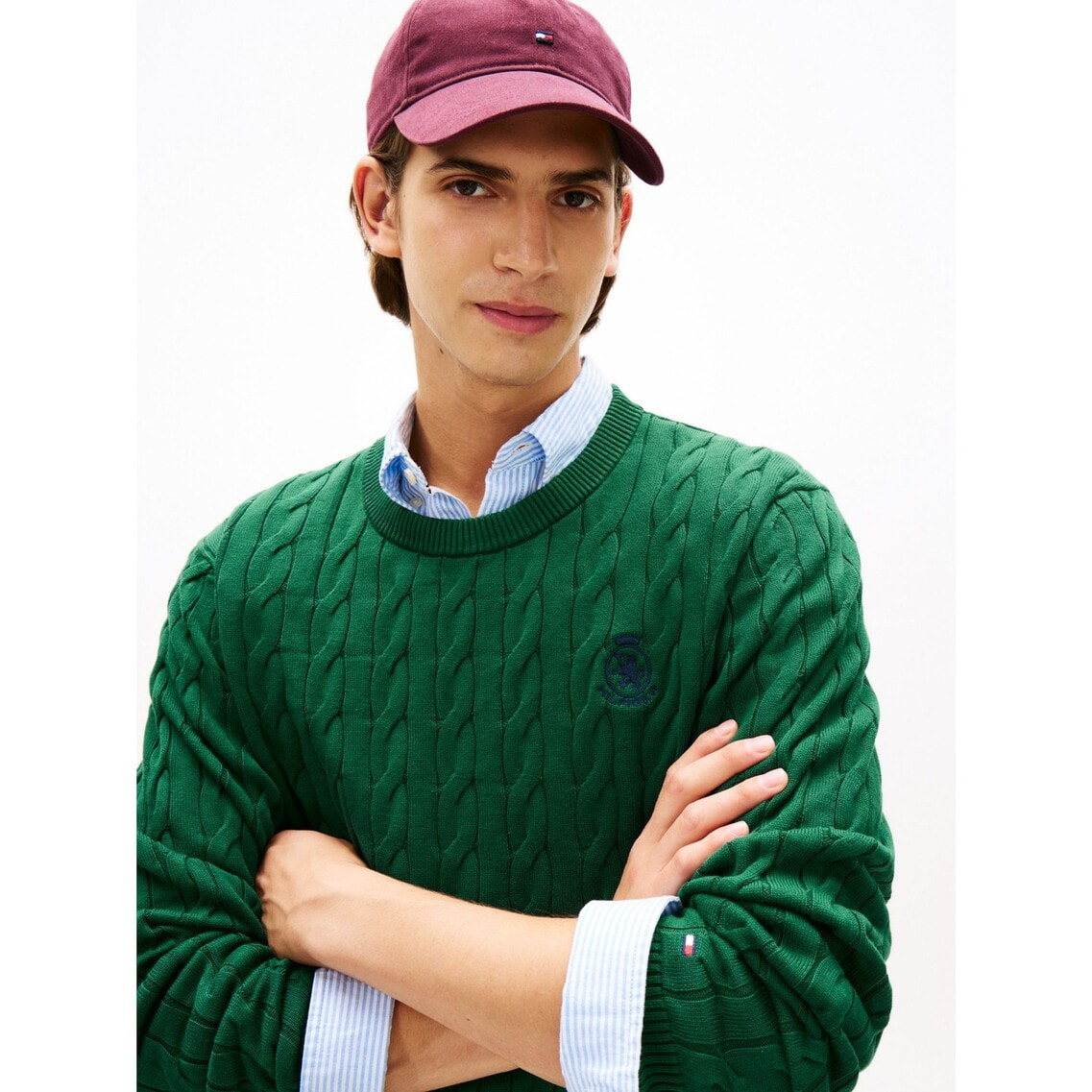 トミーヒルフィガー　ケーブルニットセーター カーキ 新品タグ付き ソフトウールケーブルクルーネックセーター | トミー ヒルフィガー