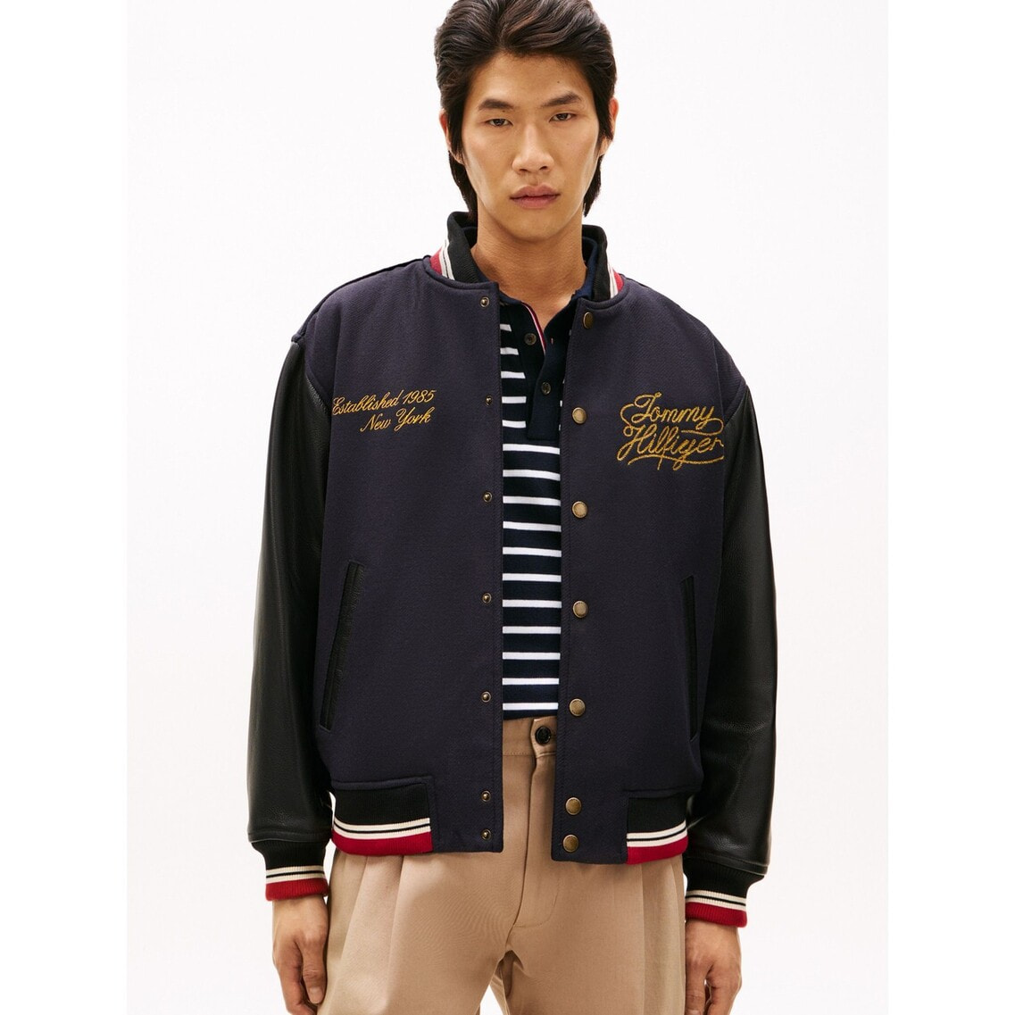 JISOO着用】ウールブレンドレザーバーシティジャケット | トミー