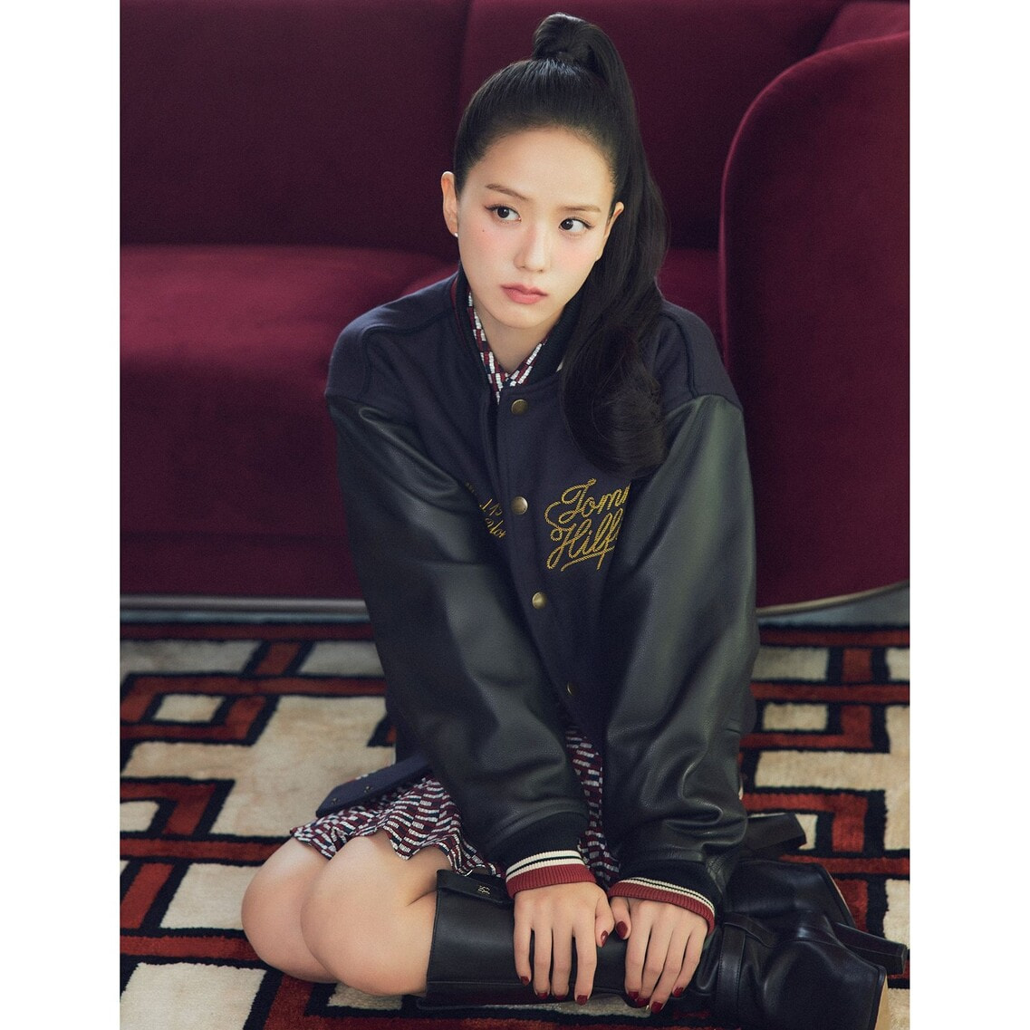 定価68200円 タグあり S ウールビーバー　カウレザー　スタジャン JISOO着用】ウールブレンドレザーバーシティジャケット | トミー