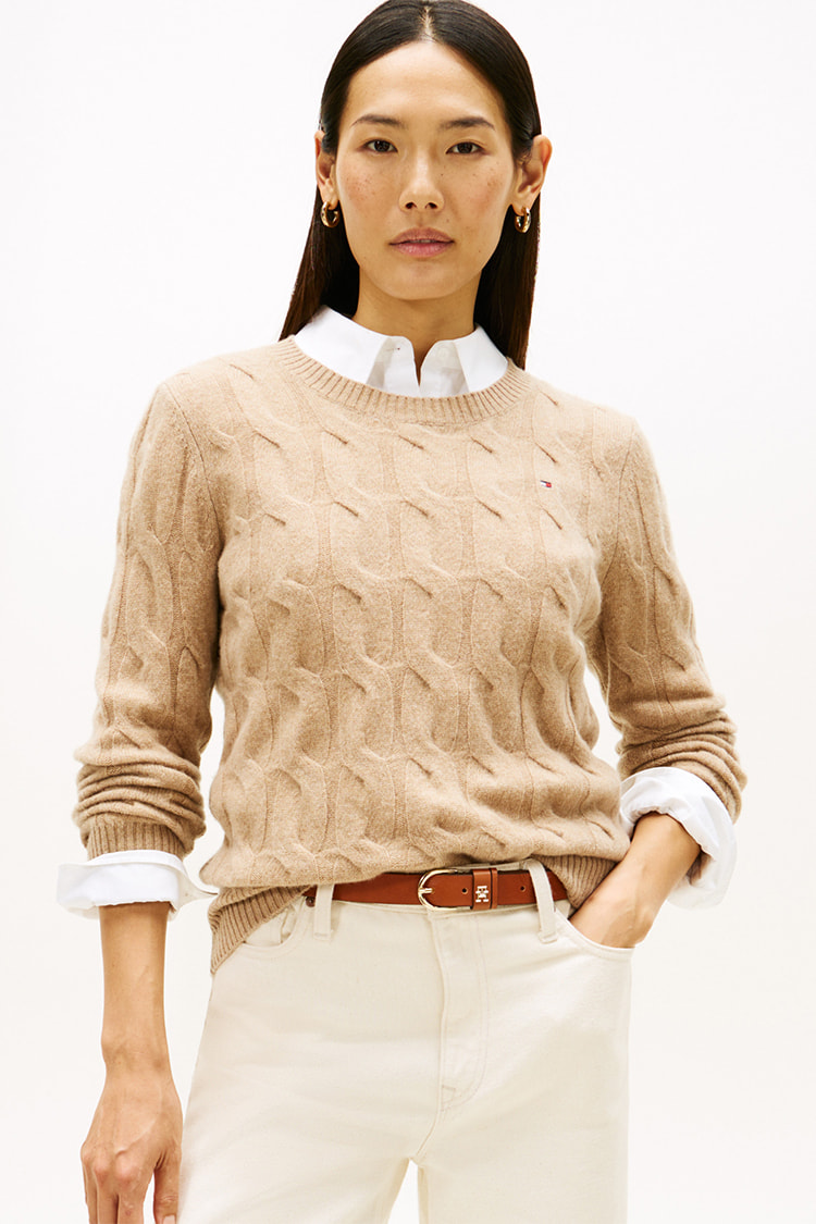 トミーヒルフィガー レディース セーター アイボリー TOMMY HILFIGER ニット セーター ケーブルラガーセーター