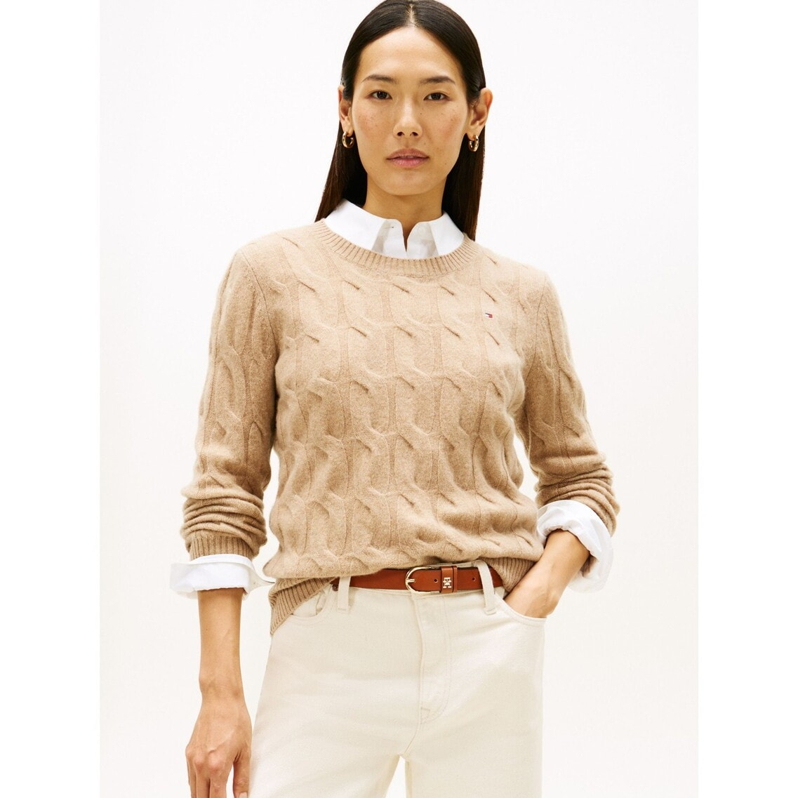 【新品】トミーヒルフィガー ケーブルニット クルーネック L 黒 トリコロール 大きいサイズメンズ トミーヒルフィガー ケーブル セーター