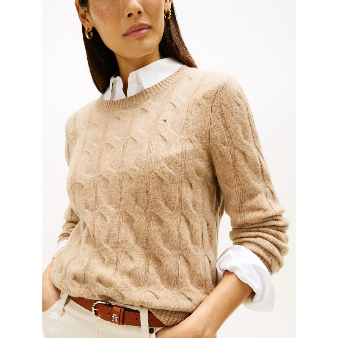 トミーヒルフィガー　ケーブルニットセーター カーキ 新品タグ付き ソフトウールケーブルクルーネックセーター | トミー