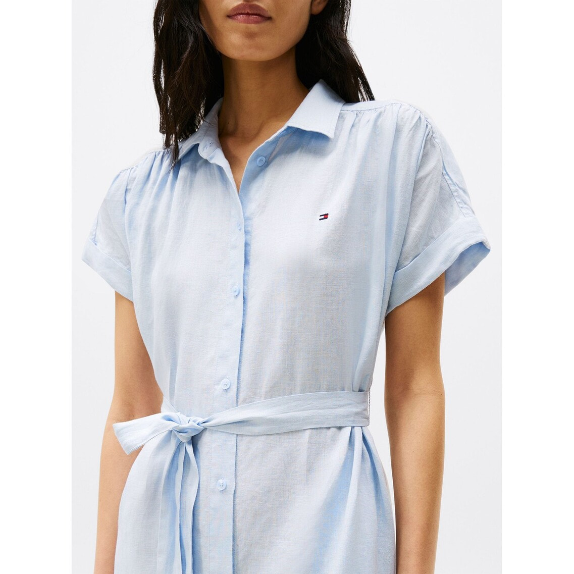 売れ筋商品|||トミー ヒルフィガー カットソー トップス レディース Women's Linen-Blend Short-Sleeve Shirt Sky Captain 2点でさらに10％OFF】GIRLS ラッフルストライプショートスリーブ