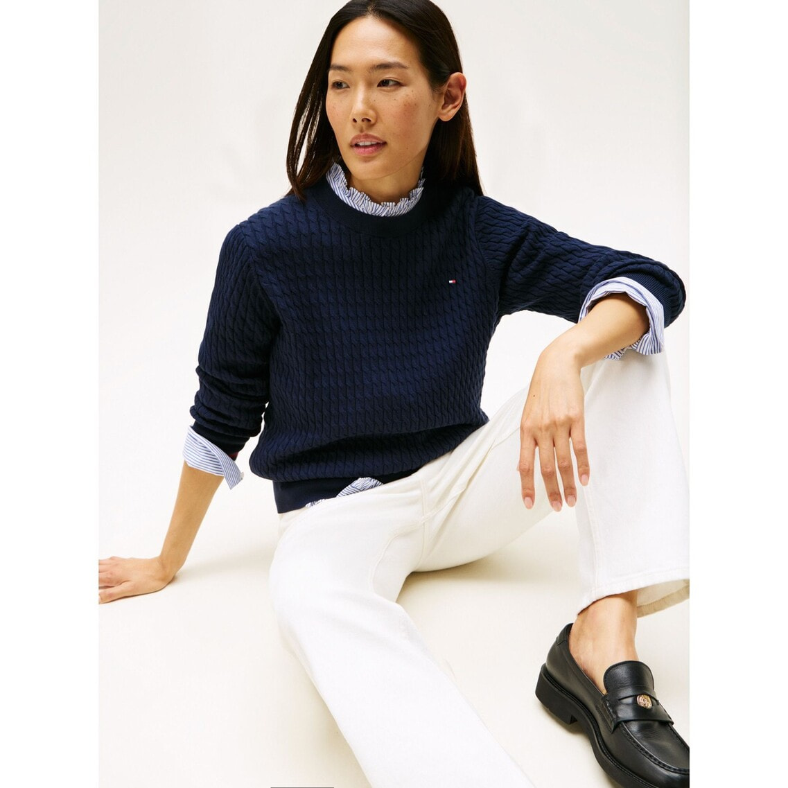 JISOO着用】コットンケーブルファインゲージロングスリーブセーター