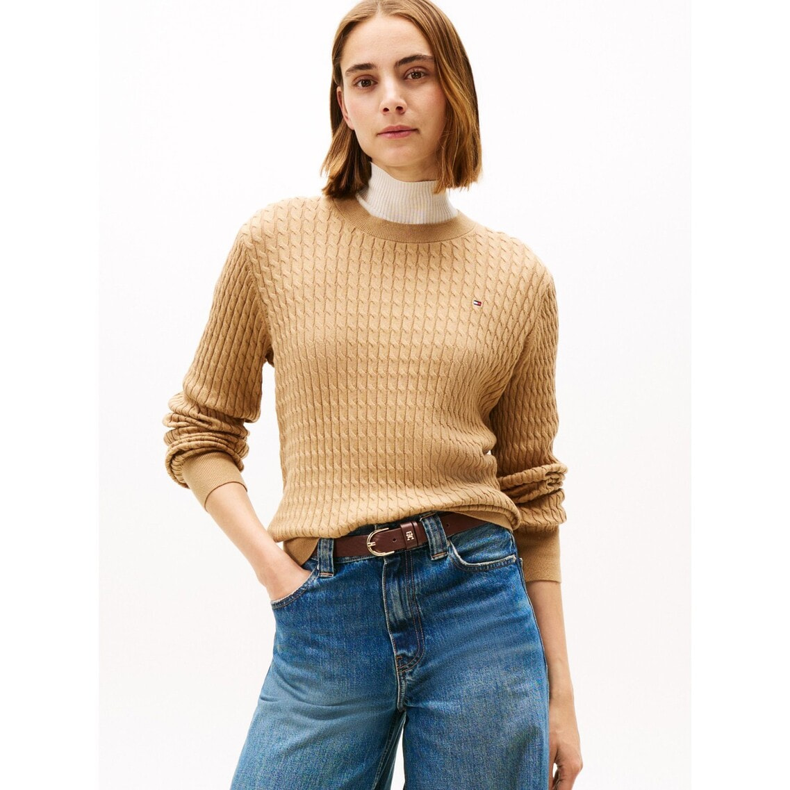 JISOO着用】コットンケーブルファインゲージロングスリーブセーター