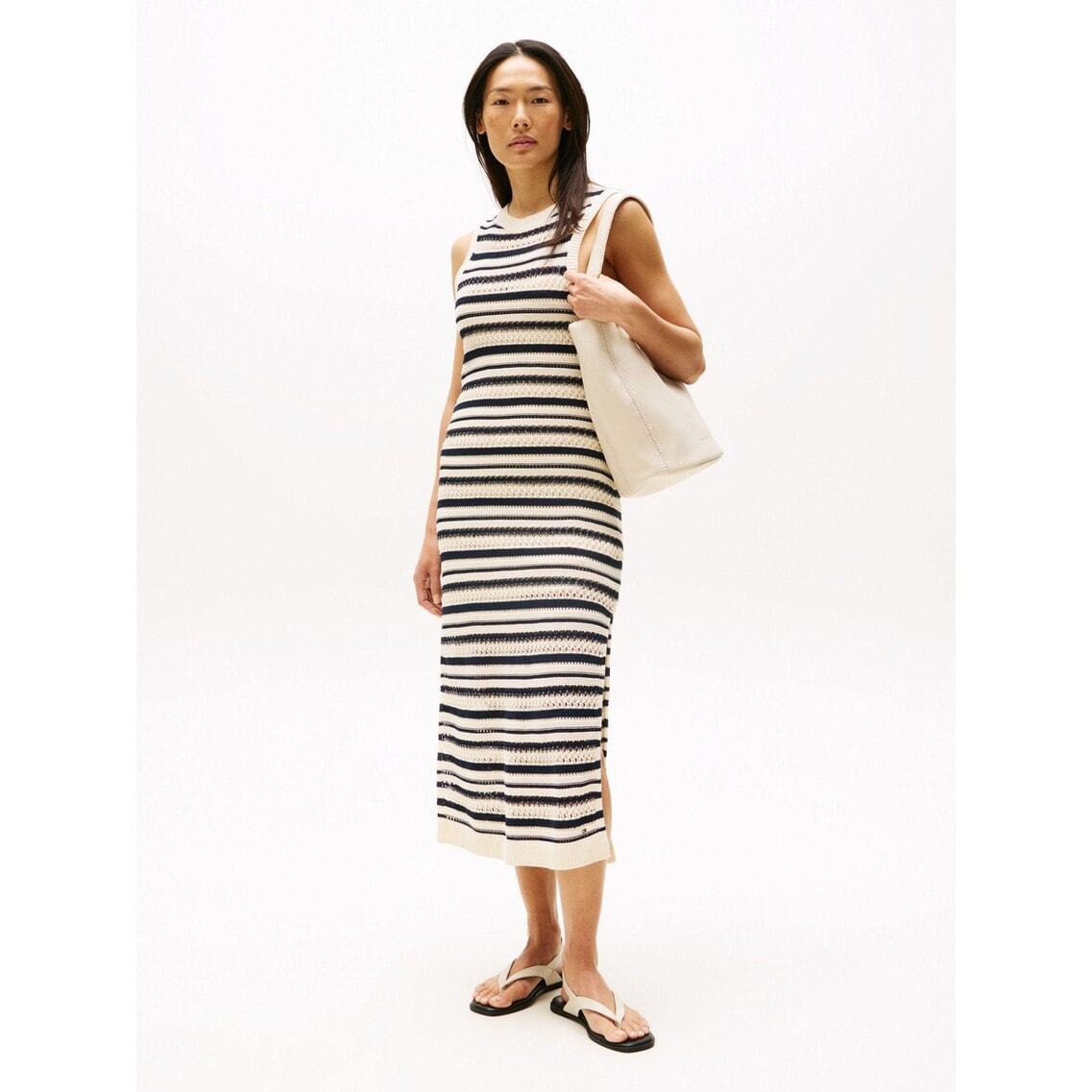 トミー ヒルフィガー   クロッシェオープンネックセーター （ホワイト×ネイビー） トミー ヒルフィガー TOMMY HILFIGER クロッシェオープンネック