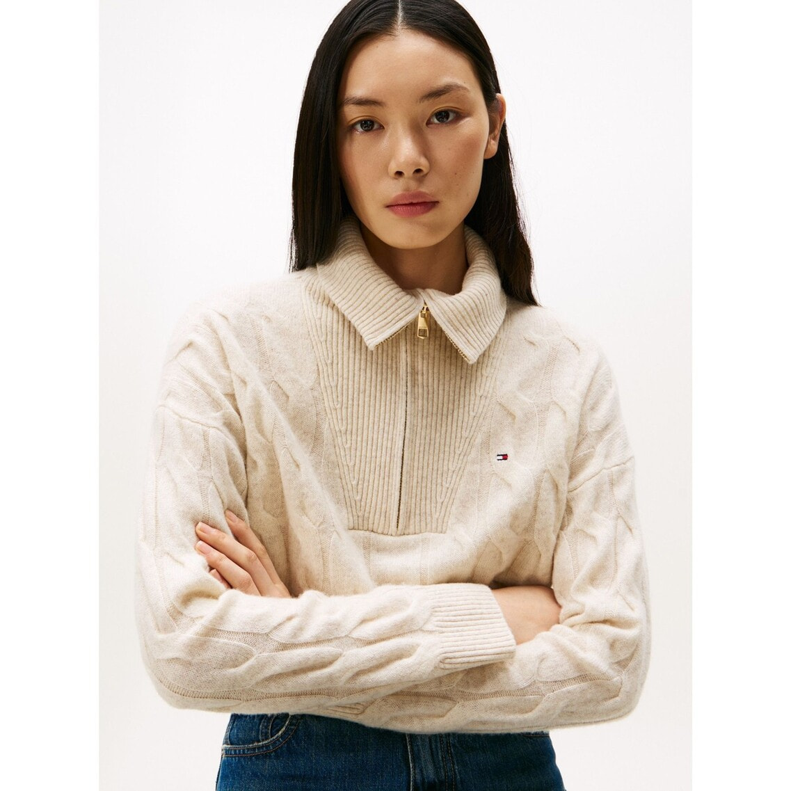 新品 トミーヒルフィガー ハーフジップ ニット セーター L 白系 ゴルフにも！ JISOO着用】ソフトウールケーブルハーフジップロングスリーブ