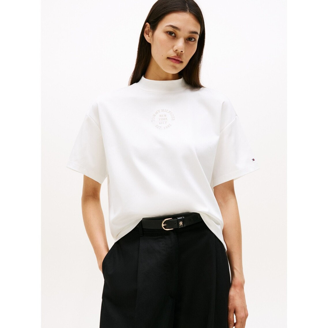 BANDEL ウーマン ジャガードリブモックネックシャツ XS ホワイト スタンプリラックスモックネックショートスリーブTシャツ