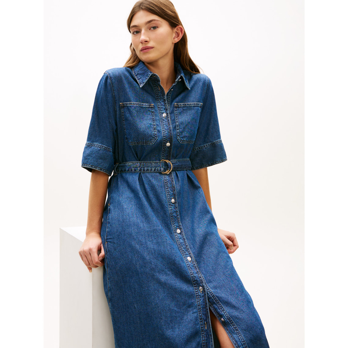  JEANSトミーヒルフィガー デニムワンピース デニムフィットアンドフレアショートスリーブワンピース | トミー