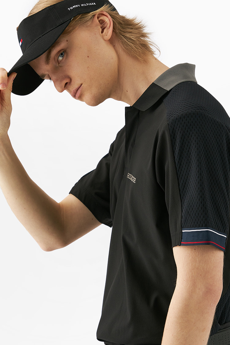 サイズ：M   GOLF トミー ヒルフィガーゴルフ  半袖ポロシャツ ヤシの木柄 ネイビー系 [240101398413] ゴルフウェア メンズ ストスト TOMMY HILFIGER GOLF トミー ヒルフィガーゴルフ 半袖ポロシャツ