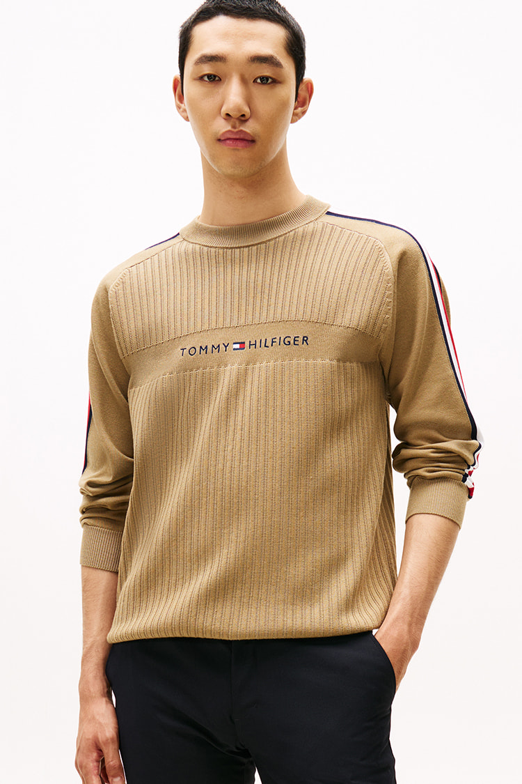 【トミーヒルフィガー】人気シャギーニット×ロゴ総柄 長袖ゴルフニットセーターXL トミー ヒルフィガー TOMMY HILFIGER クラシックケーブルクルー